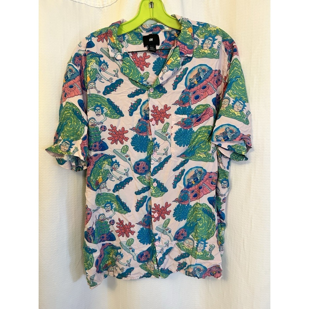 Rick And Morty Button-Up Hawaiian Shirt Mens XL Colorful Short Sleeve H&M